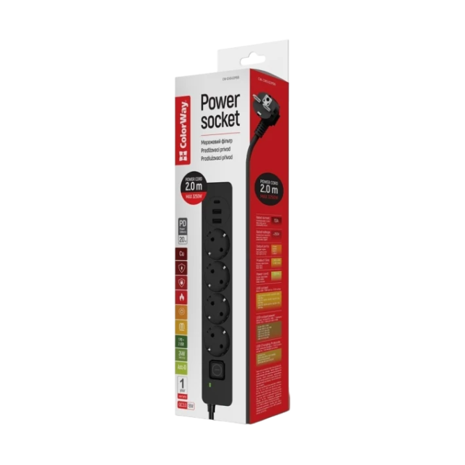 ColorWay CW-CHE432PDB 4 розетки, 3USB (2USB-A + 1 TYPE-C) (24W), 2м, Black - зображення 3