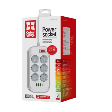 ColorWay CW-CHE64PDW 6 розеток, 4USB (Type-C PD20W + 3USB QC3.0) (38W), 2м, White